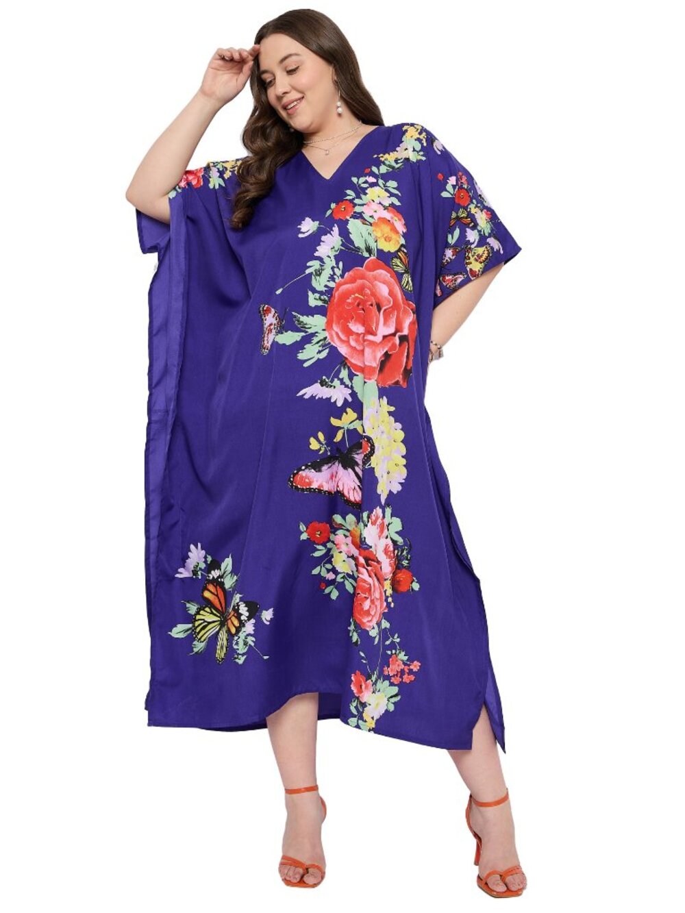 Gypsie Blu Women Floral Printed Caftan Dress Plus Size Maxi Moo Moos Dresses